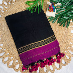 RAGINI🌸MAGENTA PURPLE & BLACK WITH GOLD ZARI BORDER KHADI MUL COTTON SAREE ( 8476