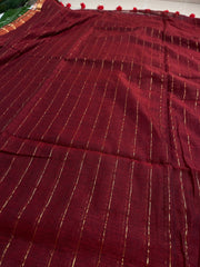 REKHA🌺✨MAROON WITH GOLDEN STRIPES MUL COTTON SAREE (SU 817)