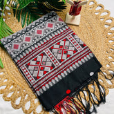 RUDRA🌺✨BLACK WITH RED THREAD EMBROIDERY GEOMETRIC BORDER ASSAM COTTON SAREE (SU 834)