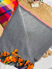 PALLAVI🌸GREY WITH MULITICOLOURED STRIPES KHADI MUL COTTON SAREE (SU 851)