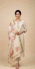 OFF WHITE SALWAR SUIT WITH FLORAL PRINT DUPATTA (SU 211)