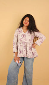 WHITE WITH VOILET FLORAL SHORT TOP (SU 678)