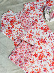 White kurti with floral print & Pants ( SU 212 )