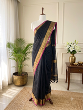 Pink and golden dual border black cotton saree (SU 801)
