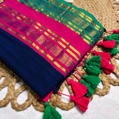NAVARATNA🌺✨DARK BLUE WITH RANI PINK GOLDEN ZARI BORDER MUL COTTON SAREE (SU 831)