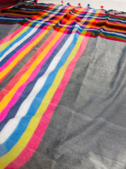 PALLAVI🌸GREY WITH MULITICOLOURED STRIPES KHADI MUL COTTON SAREE (SU 851)