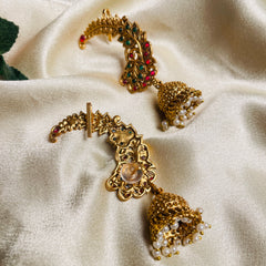 ANTIQUE GOLD TONE PEACOCK EAR CUFFS WITH JHUMKAS (SJ 201)