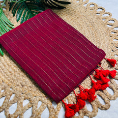 ARUNIMA🥀✨CHERRY RED WITH GOLDEN SMALL STRIPES MUL COTTON SAREE (SU 823)