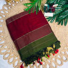 MADHAVI🍃DEEP MAROON & DARK OLIVE GREEN WITH GOLD ZARI BORDER KHADI MUL COTTON SAREE (SU 848)