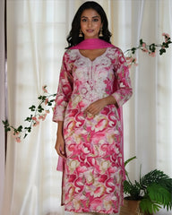 PINK KURTHA SET WITH FRONT WHITE THREAD FLORAL WORKS (SU 238)