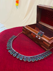 Antique Emerald & Ruby Stone Collar Necklace Set with Matching Earrings