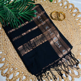 YAMUNA🖤✨BLACK COTTON SAREE WITH GOLD WOVEN BORDER & TASSELS (SU 813)