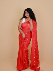 ANURAGA RED ROMANCE KHADI COTTON SAREE WITH TASSELS (SU 709)