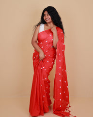 ANURAGA RED ROMANCE KHADI COTTON SAREE WITH TASSELS (SU 709)