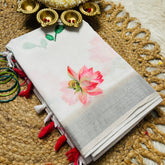 Silver Border White Linen Saree with Lotus Print