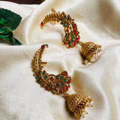 ANTIQUE GOLD TONE PEACOCK EAR CUFFS WITH JHUMKAS (SJ 201)