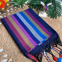 MAYA🍃NAVY BLUE WITH MULTICOLOURED STRIPES KHADI MUL COTTON SAREE (SU 850)