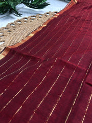 ARUNIMA🥀✨CHERRY RED WITH GOLDEN SMALL STRIPES MUL COTTON SAREE (SU 823)