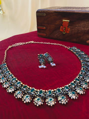 Antique Floral Necklace Set with Green Stones & Pearl Drops