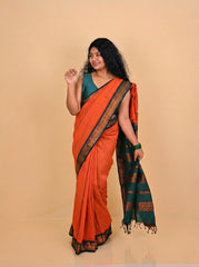 ORANGE WITH BOTTLE GREEN KALYANI COTTON SAREE (SU 732)