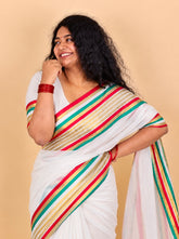 Haritha✨🌺White with Red ,Green & Golden Stripes Soft Mul Cotton Saree (SU 903)