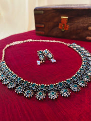 Antique Floral Necklace Set with Green Stones & Pearl Drops