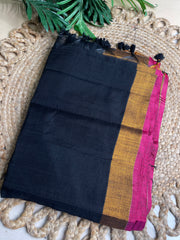 Pink and golden dual border black cotton saree (SU 801)
