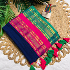 NAVARATNA🌺✨DARK BLUE WITH RANI PINK GOLDEN ZARI BORDER MUL COTTON SAREE (SU 831)