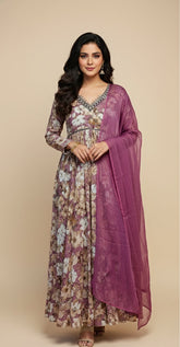 Mauve & Beige Floral Georgette Anarkali Suit Set (SU 90)