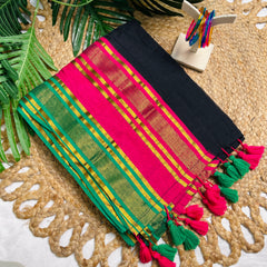 MOHINI✨💚🩷 BLACK WITH RANI PINK GOLD ZARI SOFT MUL COTTON SAREE (SU 829)