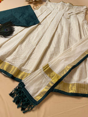 Green off white dhavani set