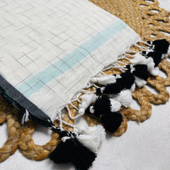 CLOUD LOOM🌩️🖤WHITE WITH CHARCOAL GREY CHECK DESIGN SOFT MUL COTTON SAREE (SU 837)