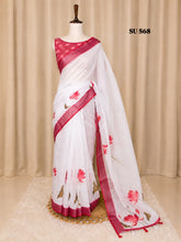 SU 568 White Linen Saree with Pink Lotus Print - Elegant Casual Wear