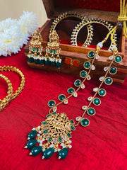 Traditional Temple Design Necklace with Earrings – Green, white & Gold (SJ 67)