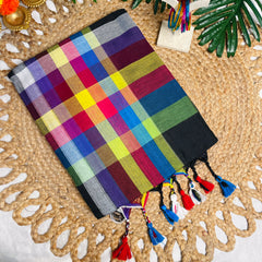 ITHAL ✨🌺BLACK WITH MULTICOLOURED STRIPES KHADI MUL COTTON SAREE (SU 853)