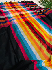 THIRA🌺✨BLACK WITH MULTICOLOURED STRIPES KHADI MUL COTTON SAREE (SU 854)