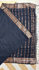 Black Cotton Saree with Gold Woven Border & Tassels (SU 813)