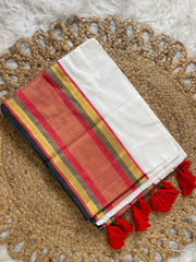 TRADITIONAL KASAVU BORDER WITH RED & GOLD STRIPES MUL COTTON SAREE (SU 891)