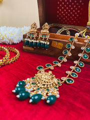 Traditional Temple Design Necklace with Earrings – Green, white & Gold (SJ 67)