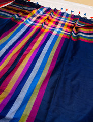 MAYA🍃NAVY BLUE WITH MULTICOLOURED STRIPES KHADI MUL COTTON SAREE (SU 850)