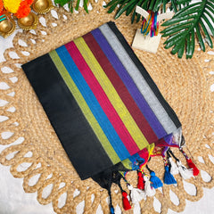 ITHAL ✨🌺BLACK WITH MULTICOLOURED STRIPES KHADI MUL COTTON SAREE (SU 853)