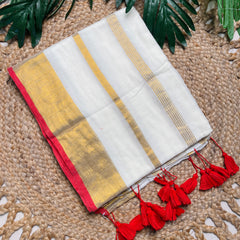 മധുബാല✨❤️TRADITIONAL KASAVU WITH RED BORDER & GOLDEN STRIPES MUL COTTON SAREE (SU 874)