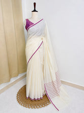 SU 572 - Traditional Kerala White Saree with Onion pink Stripe Border