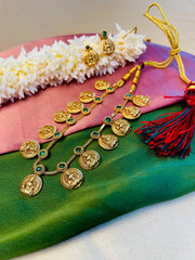 Traditional Lakshmi Coin Necklace Set with Green Stones