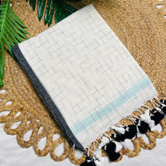 CLOUD LOOM🌩️🖤WHITE WITH CHARCOAL GREY CHECK DESIGN SOFT MUL COTTON SAREE (SU 837)
