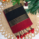 MADHURI🌺MAROON & BLACK WITH GOLD ZARI BORDER KHADI MUL COTTON SAREE ( SU 846)