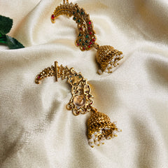 ANTIQUE GOLD TONE PEACOCK EAR CUFFS WITH JHUMKAS (SJ 201)
