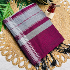 VAINIKA🍇✨DEEP WINE WITH SILVER GREY KHADI COTTON SAREE (SU 830)