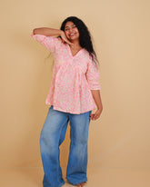 PINK ALIA CUT FLORAL SHORT KURTHI (SU405)