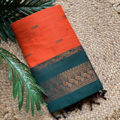 ORANGE WITH BOTTLE GREEN KALYANI COTTON SAREE (SU 732)